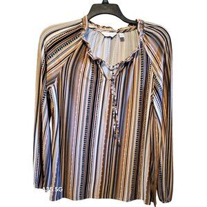 Susan Graver Womens L Striped Liquid Knit Long-Sleeve Blouse With Ruffle Collar